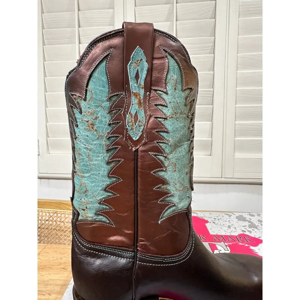 Tanner Mark Men's Cowboy Boots Brown Bronze Teal Leather Size 9 NIB Western